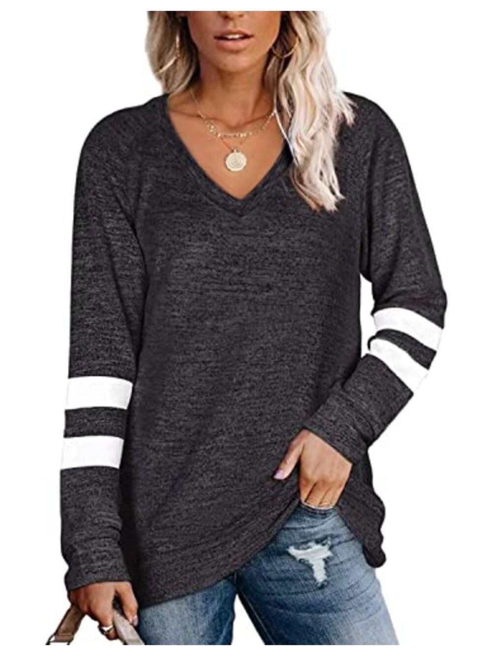 Women's V Neck Striped Long Sleeve Tunic Sweatshirt Casual Loose Fit Pullover